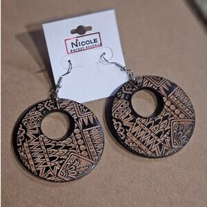 Nicole Boutique Boho Native Style Etching Wood Circle Dangle Earrings